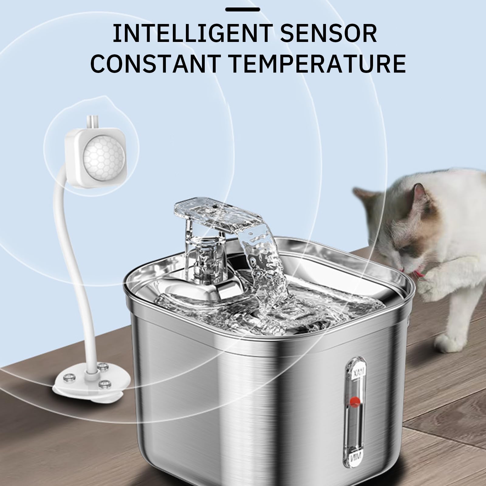 2.2L Fuente para Gatos De Acero Inoxidable, Bebedero Gatos Automática con Bomba Silenciosa, Sensor Automático, Fuente De Agua para Gatos, Diseño del Grifo, Multi-Filtración