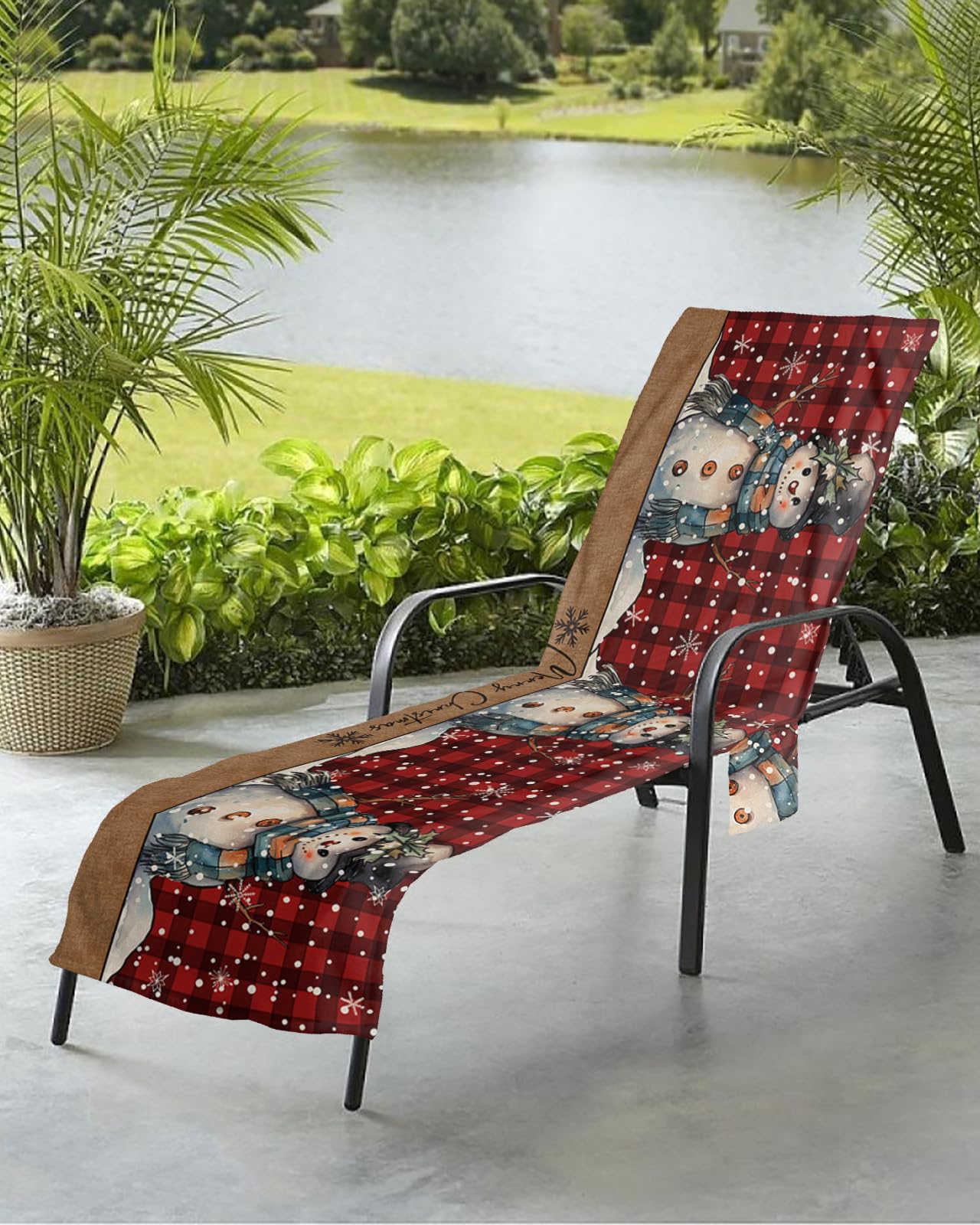 Christmas Beach Chair Towel Covers for Chaise Lounge with Side Pocket, Soft Plush Pool Towels Cover for Patio Sunbathing Outdoor 29''x85'' Country Rustic Snowman Snowflake Red Buffalo Plaid