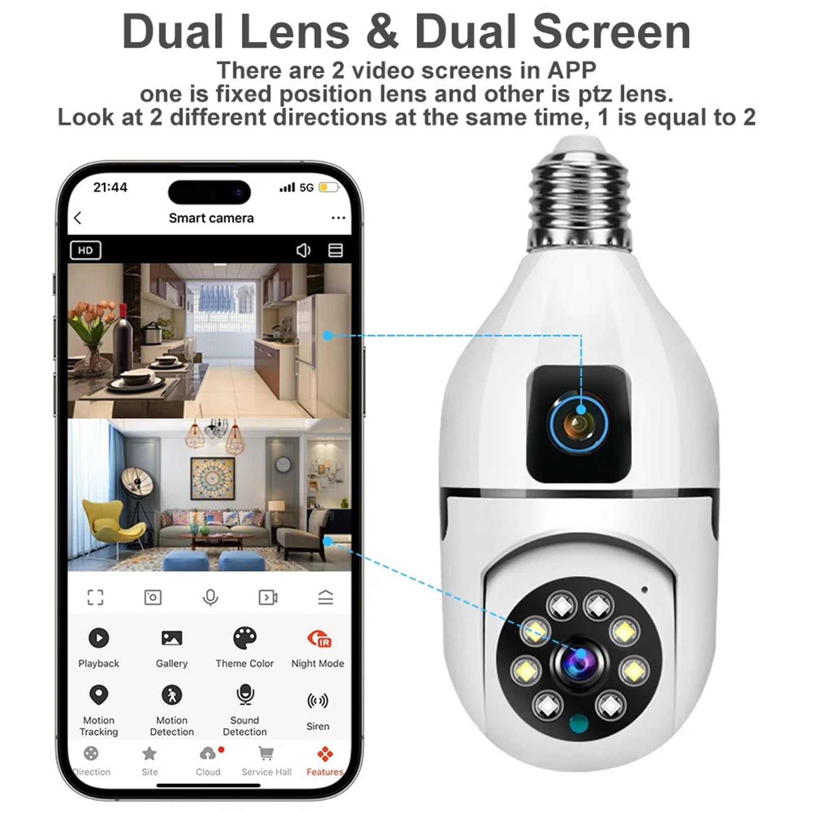 4K CCTV PTZ WiFi Double Objectif Double écran E27 Ampoule caméra Tuya Vie Intelligente sécurité caméra de Surveillance vidéo AI Humain Suivi Automatique(Cam Add 32G Card x2)