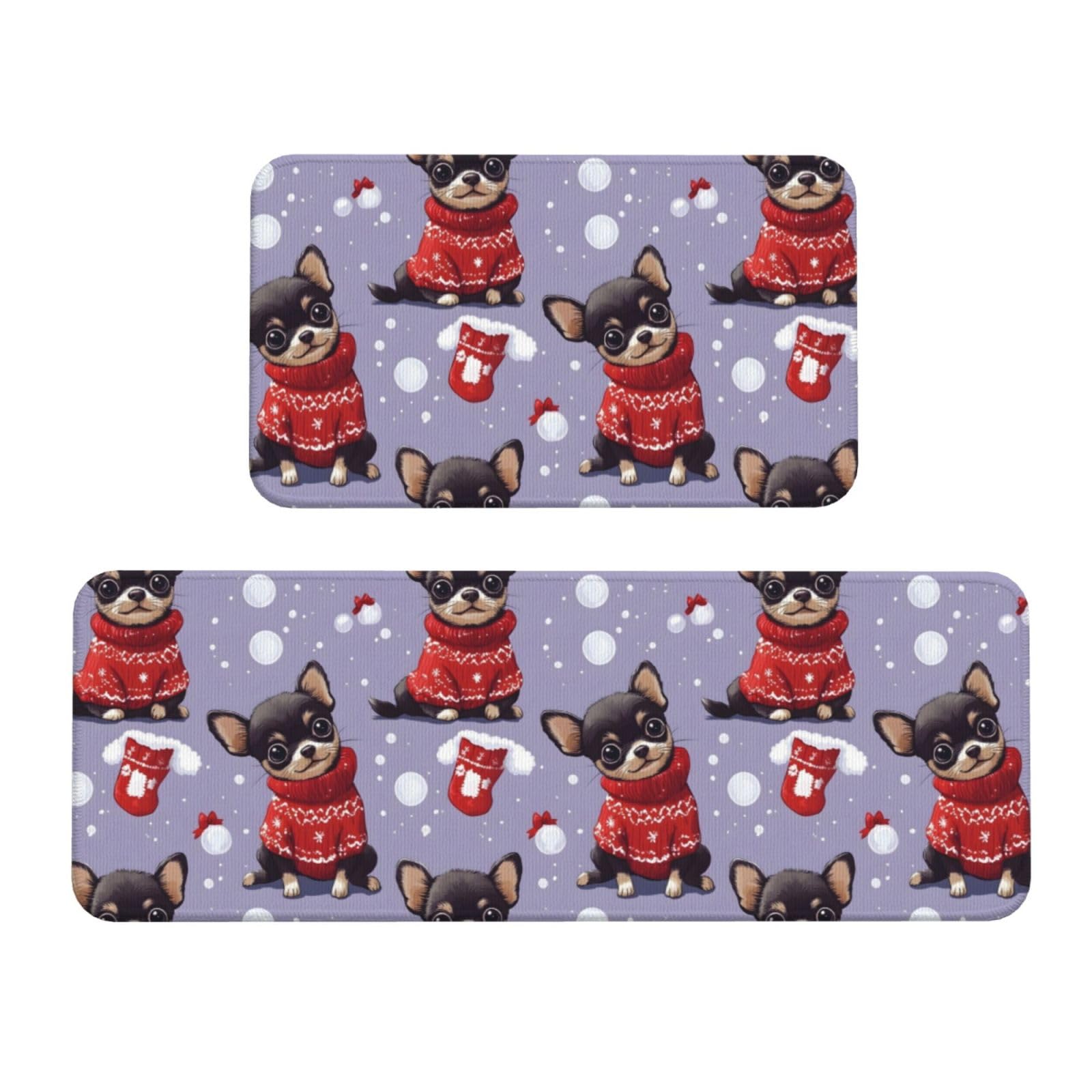 GVYGVY Antifatigue Kitchen Mats for Floor 2 Piece - Christmas Chihuahua Sweater Print Kitchen Rugs Washable, Non Slip Runner Rug Standing Mat for Office/Bathroom/Laundry/Home Decor and Accessories
