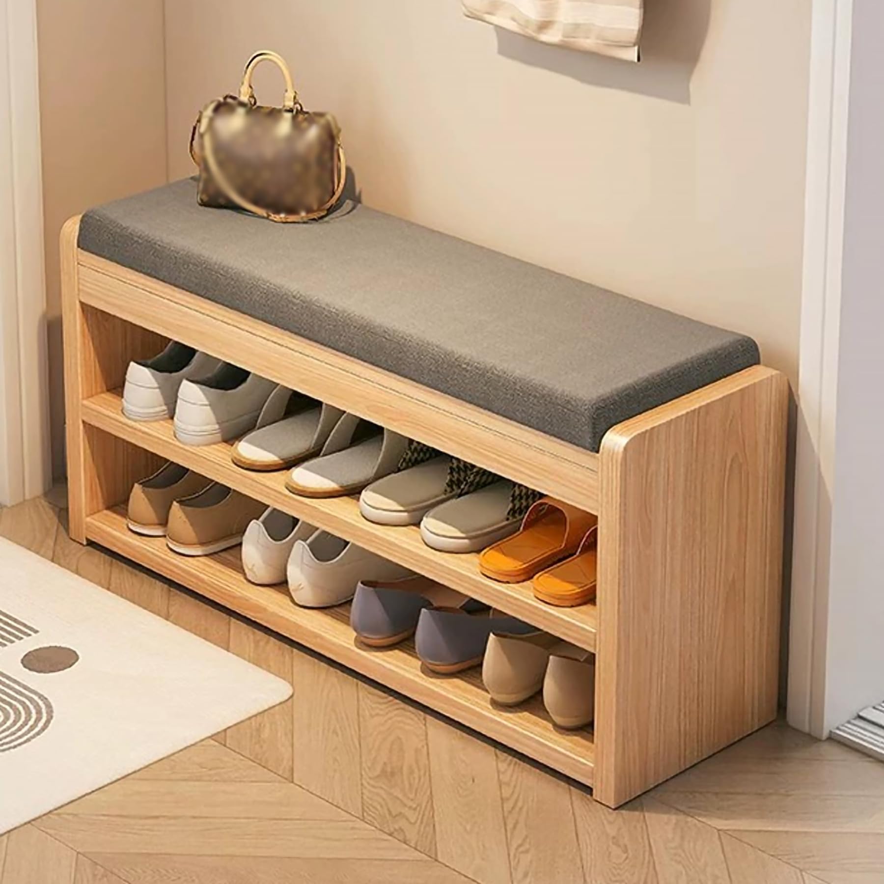 Banc de rangement à chaussures en bois d'hévéa rembourré