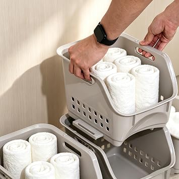 3 Tier Stacking Baskets Storage Veg Rack, Stackable Storage Baskets for Kitchen Pantry Cupboard Dorm Room Closet