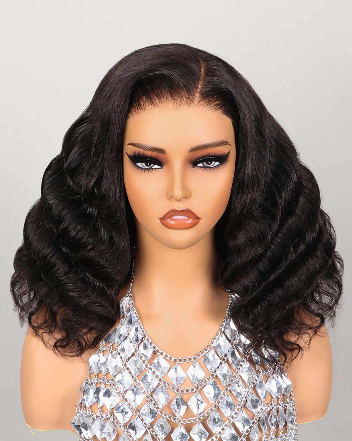 MEGALOOK Ready to Go Glueless Pre Cut 5x6 Lace Front Wig Loose Curly Bob Wig Upgraded Pre Plucked Bleached Invisible Knots Natural Black Color 14 Inch