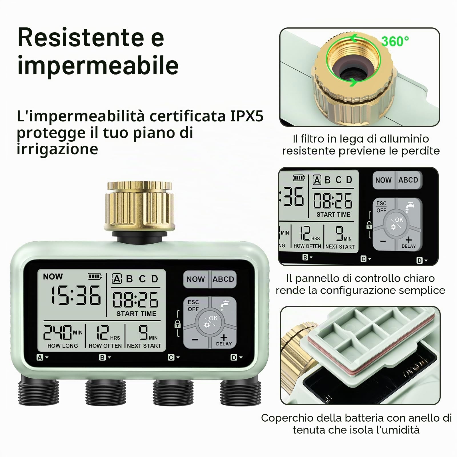 Timer per irrigazione a 4 zone con ingresso in ottone, timer irrigatore, timer programmabile per rubinetto del tubo da giardino esterno con ritardo della pioggia/sistema di irrigazione manuale