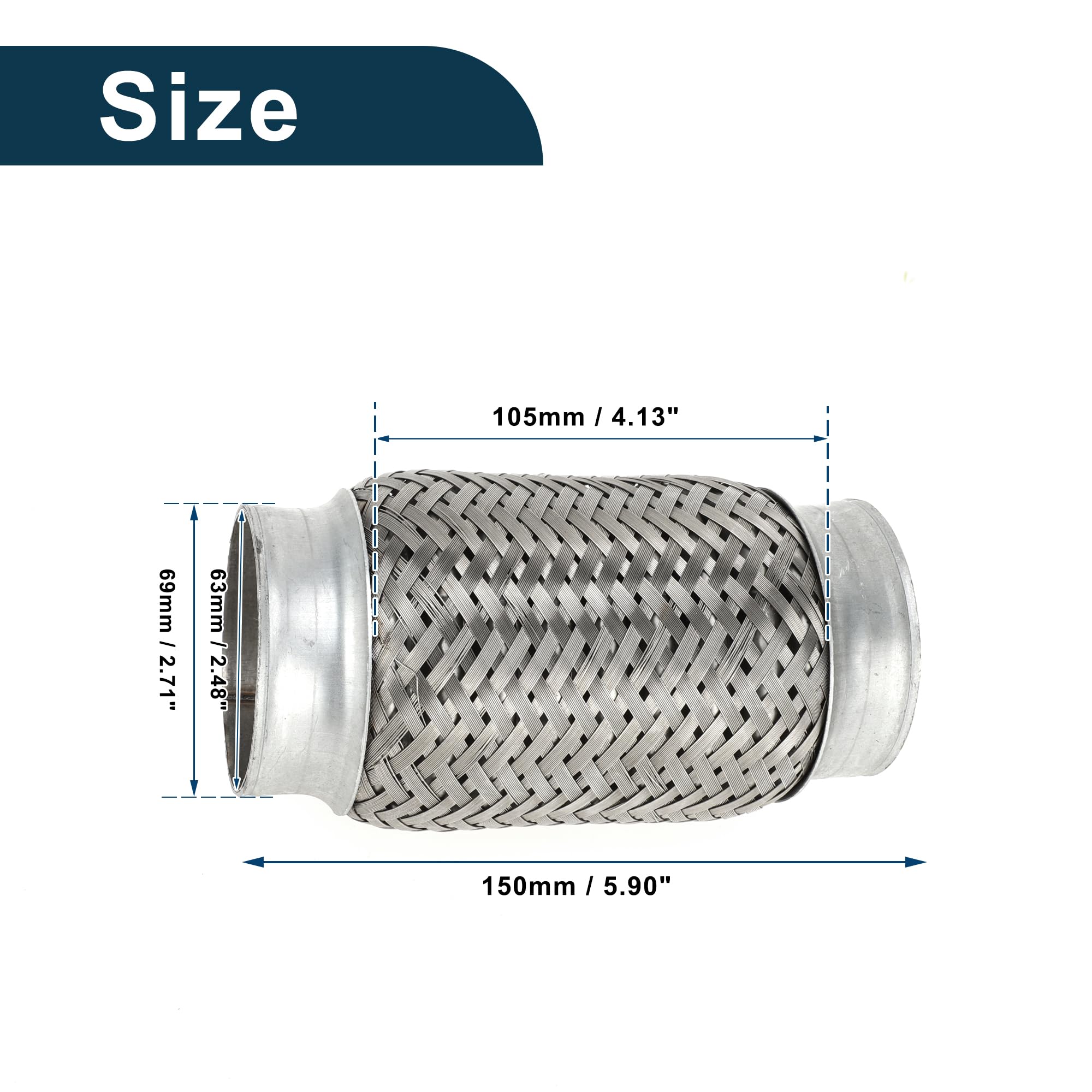 Tubo Flessibile per Scarico Auto 69mm OD Tubo di Scarico Intrecciato Flessibile | Tubo Flessibile Universale Argento 1 Pezzo