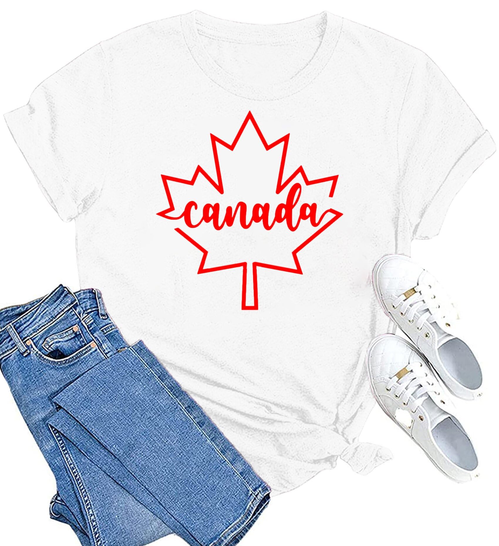 LINZEOO Womens Canada Shirts Canada Day Flag Short Sleeve Maple Leaf Tee Top