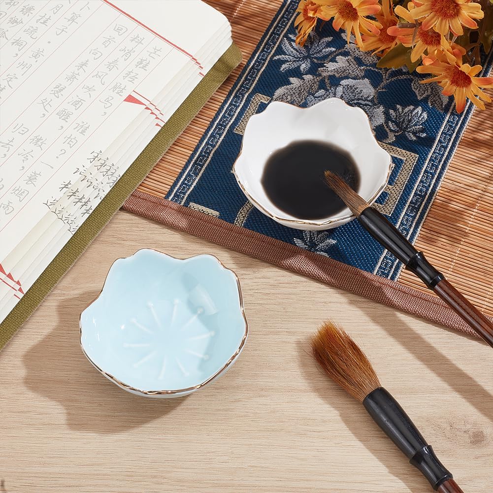 PH PandaHall 2 Colors Flower Ceramic Ink Plate Porcelain Ink Dish Painting Brush Holder Rests Brush Stands Multifunctional Inkwell Dish for Chinese Calligraphy Japanese Paint Practice Art Supplies