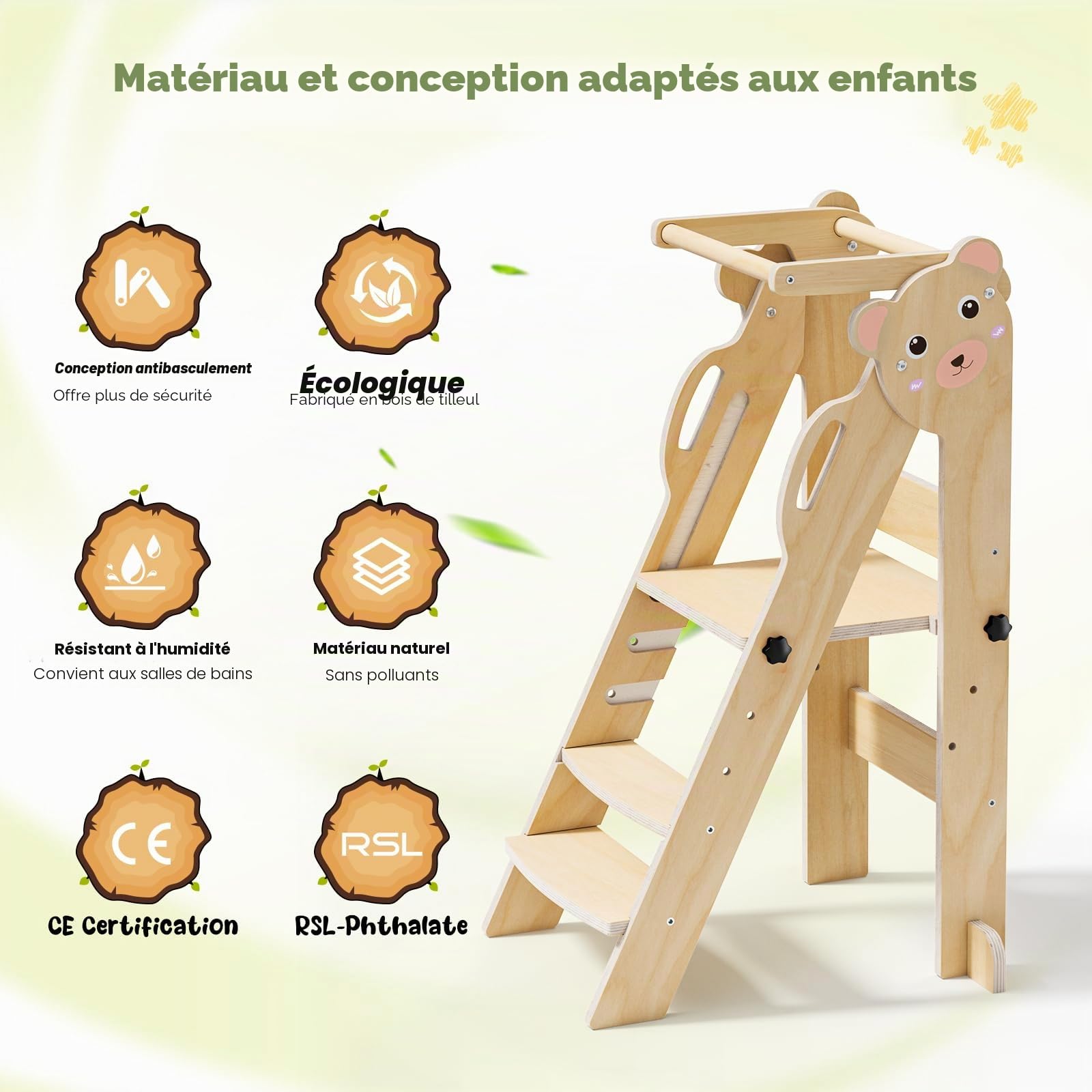 Tour pliable pour tout-petits - Tour d'apprentissage pour enfants - Réglable pour 18 mois à 5 ans - Conçue pour la sécurité