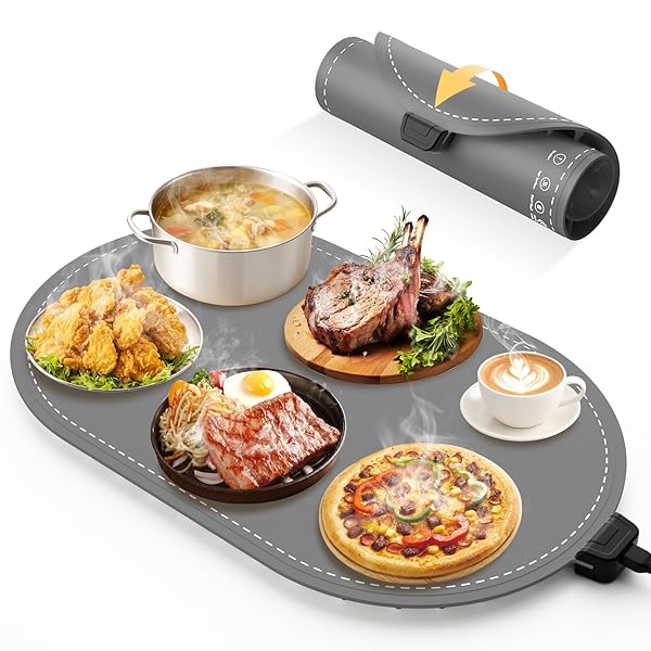 Hossee Warming Mat for Food-24"x14.5",Fast Full-Surface Heating,3 Temp&3 Timer Options,6H Auto Shut-Off,Table-Protecting Feet and Insulation Pad,Foldable Warming Tray for Parties