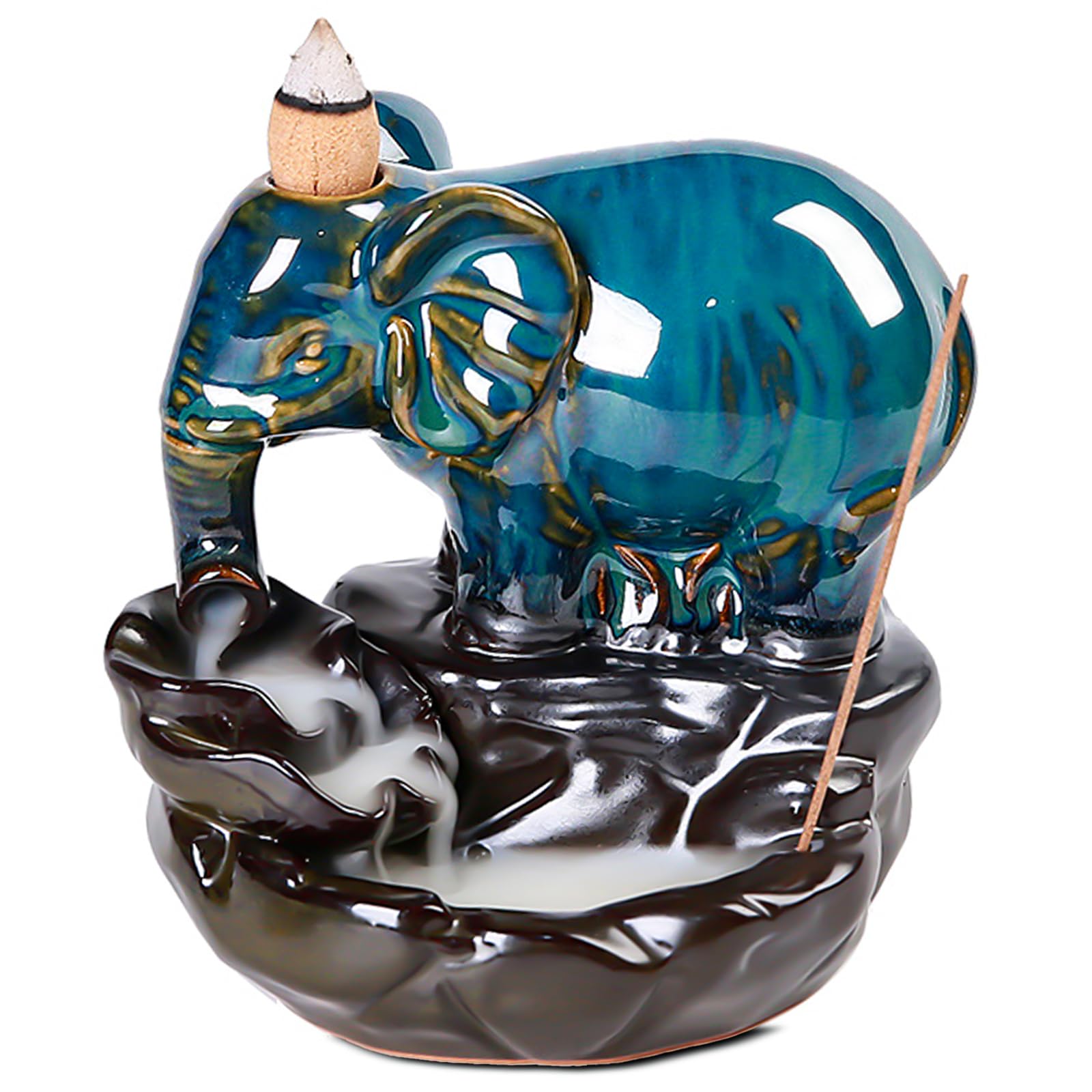 ZONSUSE Elephant Backflow Waterfall Incense Holder,Elephant Ceramic Reflow Incense Burner,Elephant Statue Incense Stick Holder,for Yoga Mindfulness Meditation Gift Home Office Decoration (Elephant)
