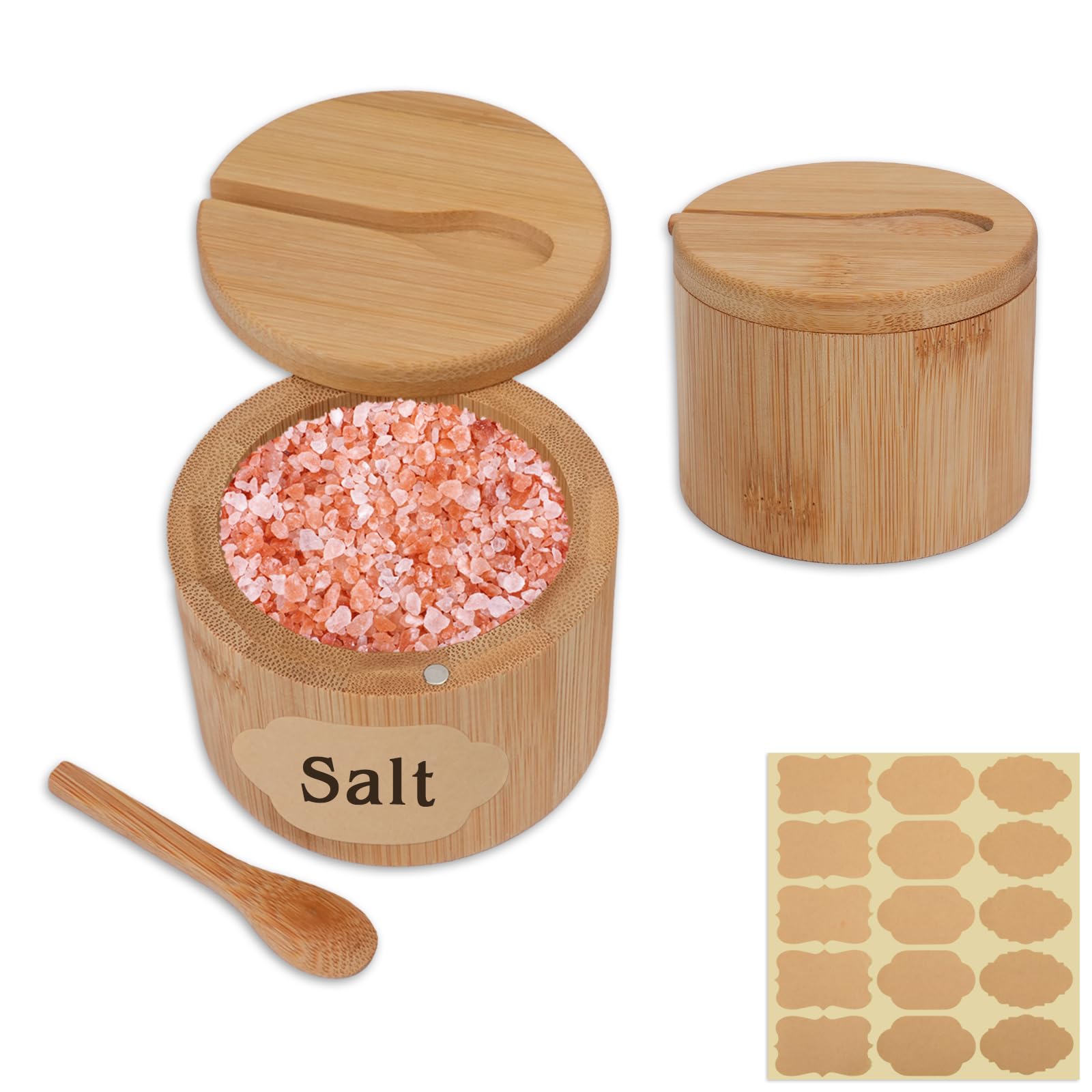 2 saleros con tapa y cuchara, recipiente de sal de madera para cocina, olla magnética pequeña, barril de sal, salero de bambú con etiqueta adhesiva, almacenamiento de sal y azúcar