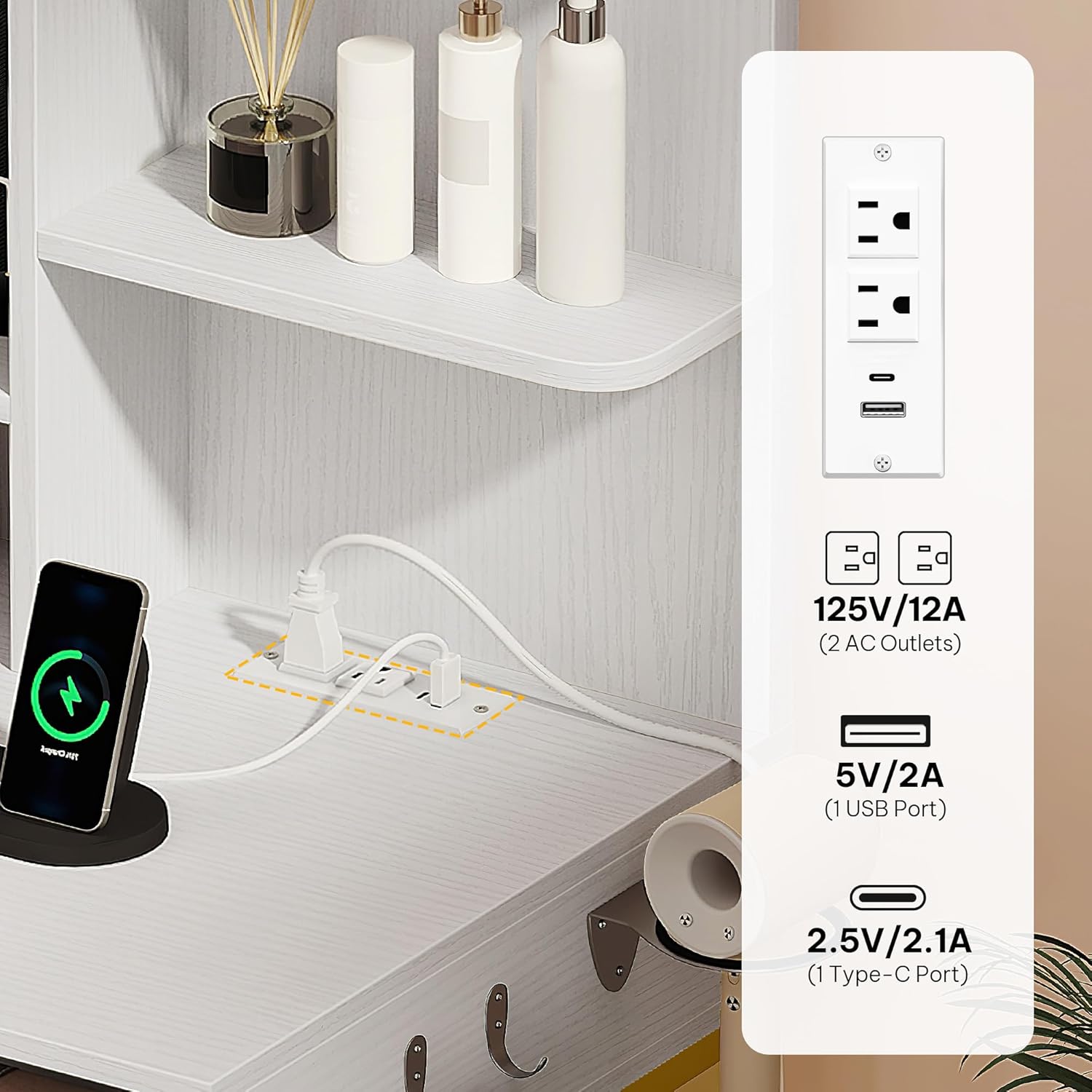 YITAHOME Vanity Desk with LED Lights Mirror & Power Outlets, Makeup Table Set with 3 Adjustable Lighting Modes, Open Shelves and Hidden Storage, Stool, Hooks and Hair Dryer Holder for Bedroom, White