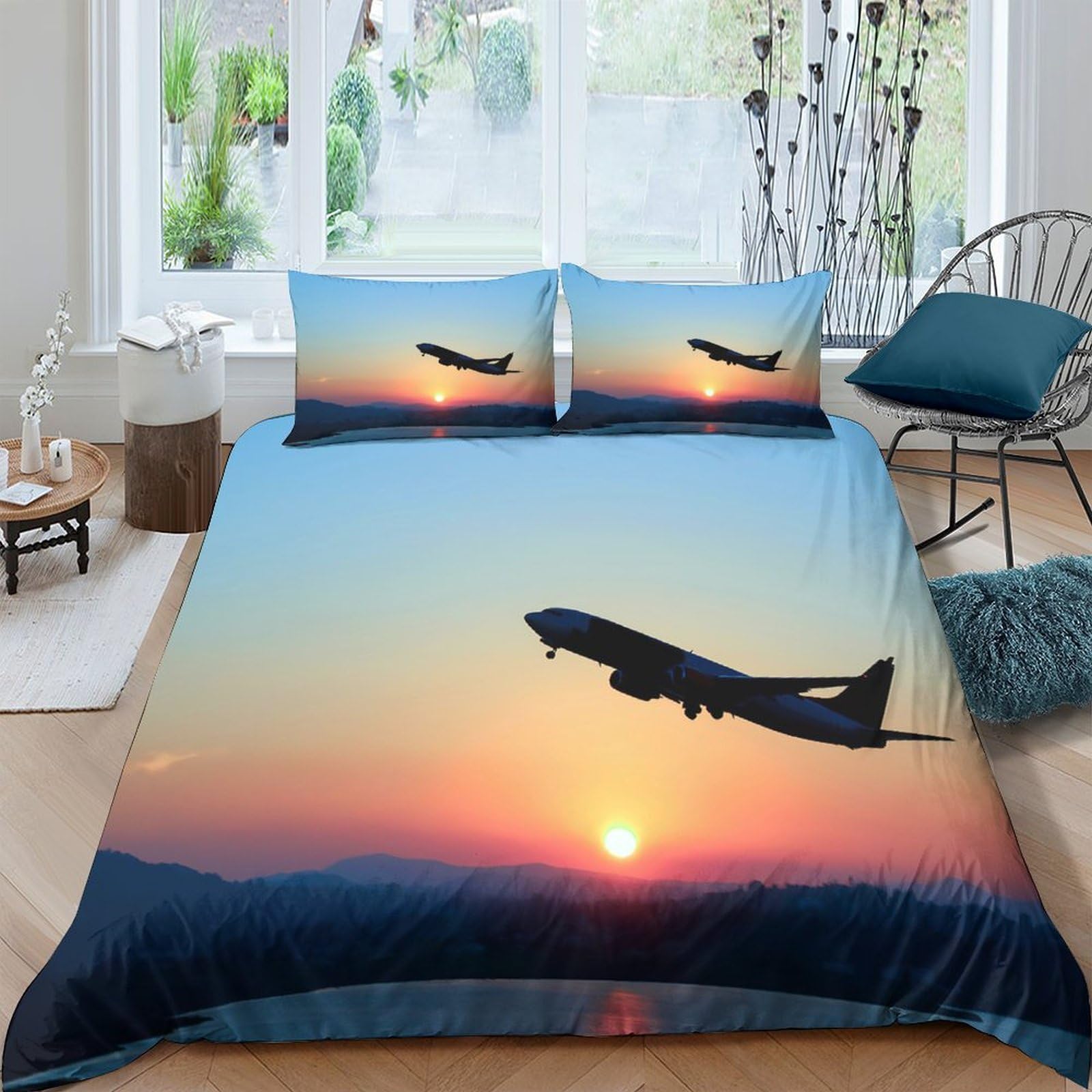 GPLZQXKJNH 3D Printed Airplane Sunset Duvet Cover Microfiber Soft Breathable Sunrise Flight Bedding Set with 2 Pillowcases for Bedroom Decor Single（135x200cm）