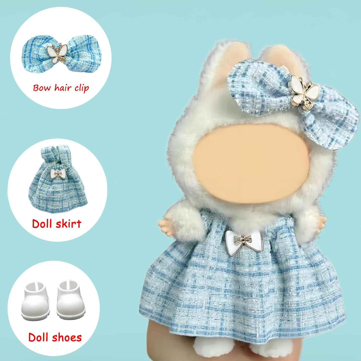 3Pcs Doll Clothes Set for labubu - Compatible with 6.7inch 17cm Dolls Only, Premium Dolls Outfit with Accessories, Hairpin, Skirt, Shoes (Blue Skirt Set)