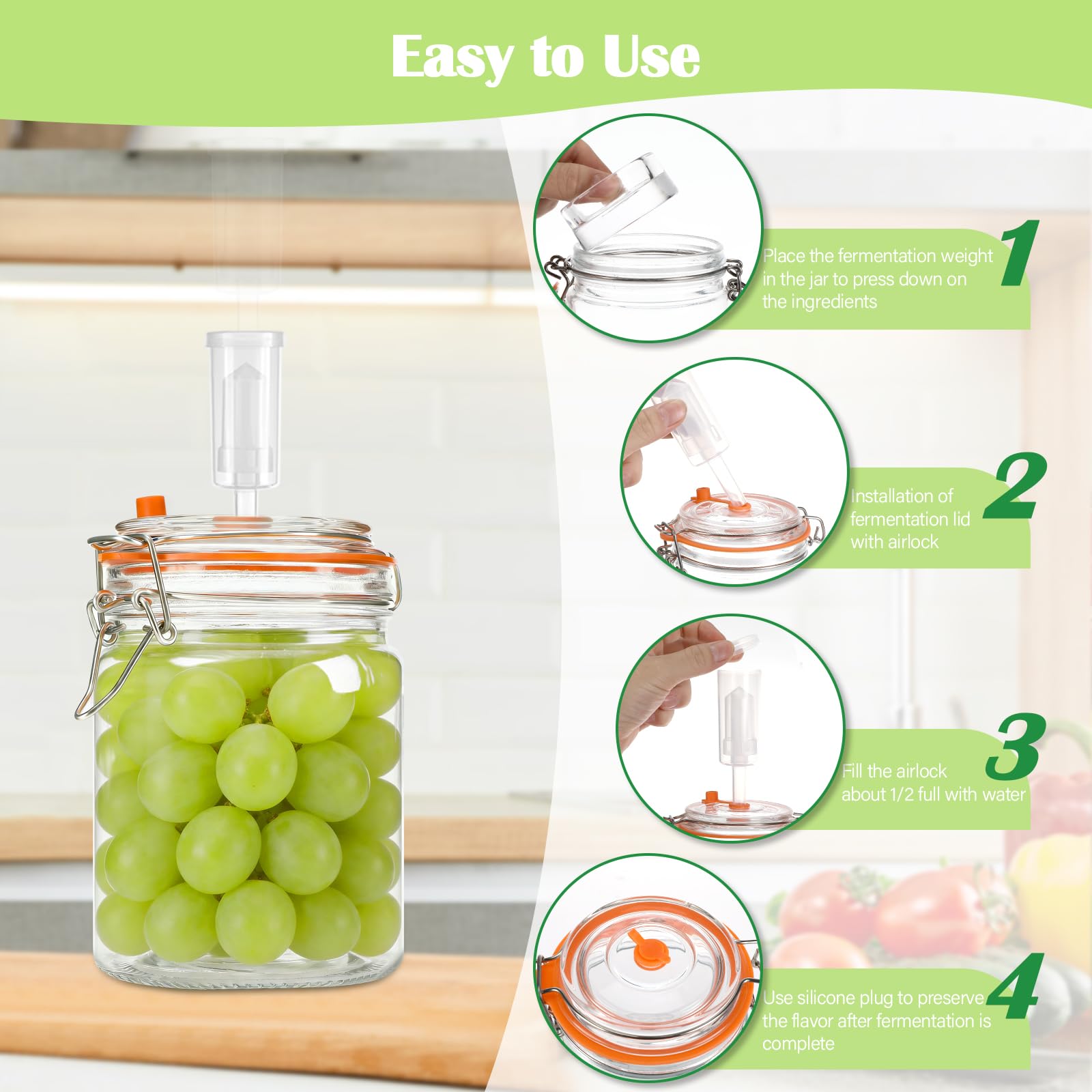 Rlssaki 2 Piezas Tarros de Fermentación con Cierre de Aire,750ml Fermentadora con Pesos, Tarros de Cristal con Tapa Hermética, Vasos de Cristal Transparente, para Kimchi, Kombucha y Encurtidos — view 6