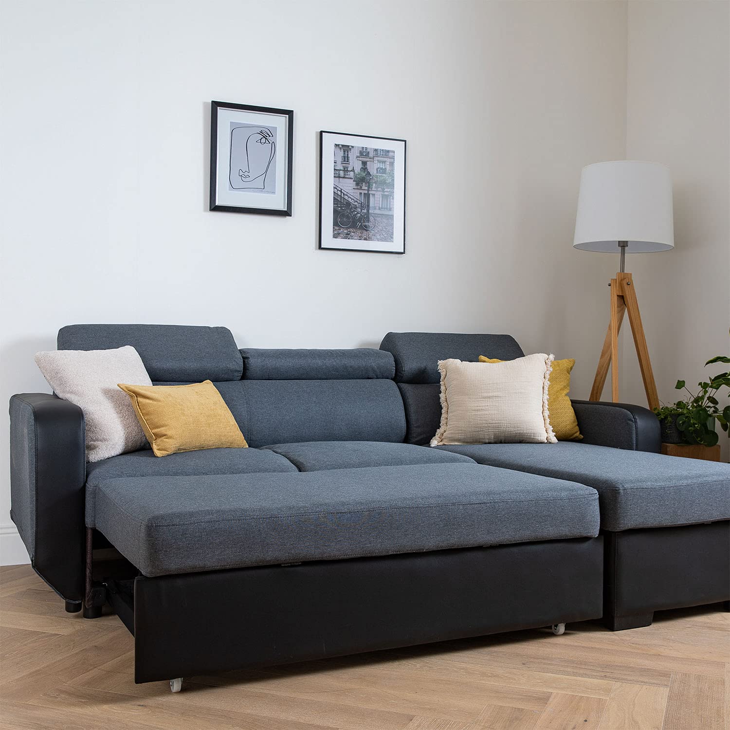 Happy Garden Canapé d'angle Convertible Warren 3 Places en Tissu et Simili Gris chiné et Noir. Canapé avec méridienne réversible, Appui-tête réglable et Coffre de Rangement.