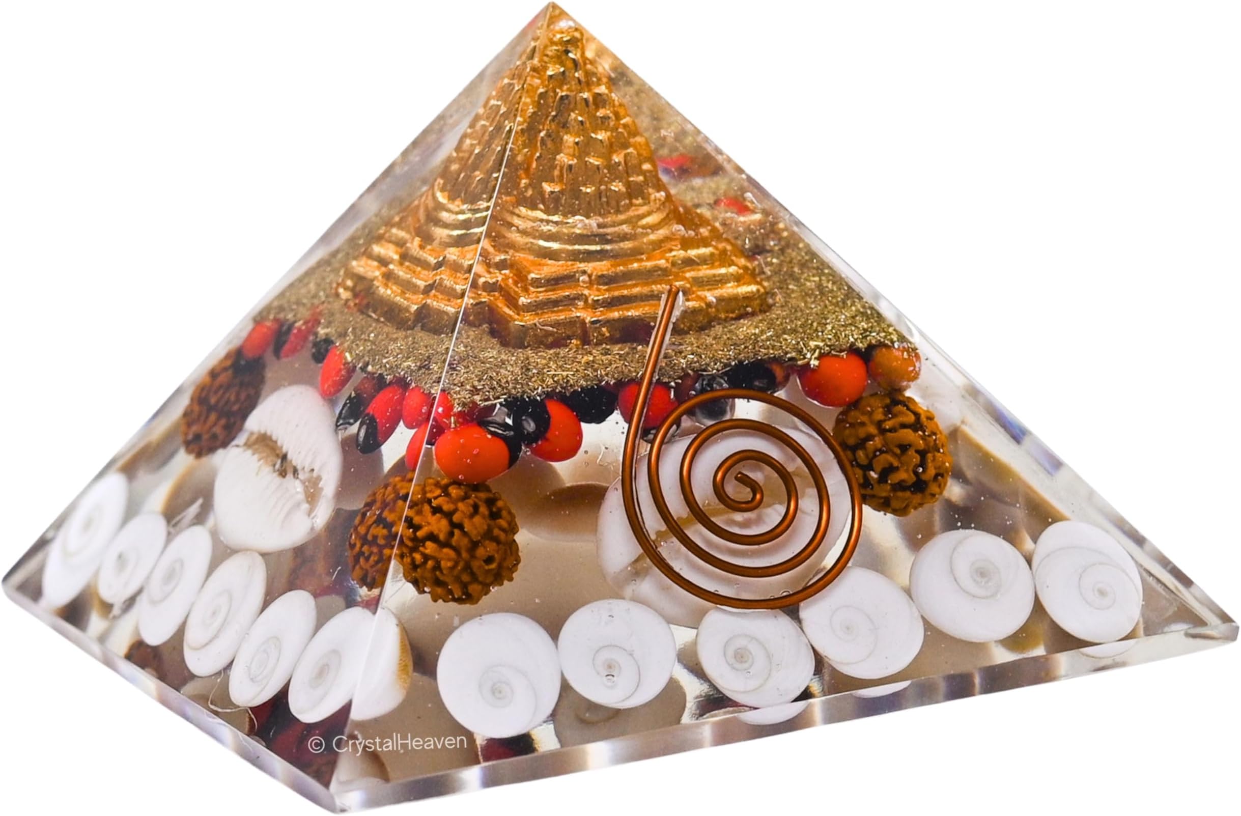 Original Laxmi Pyramid - Certified Maha Laxmi Orgonite Pyramid with Shree Yantra, Rudraksha, Gomti Chakra - Money Wealth Diwali Vastu Items for Home with Chirmi & Kaudi Shells (Regular)