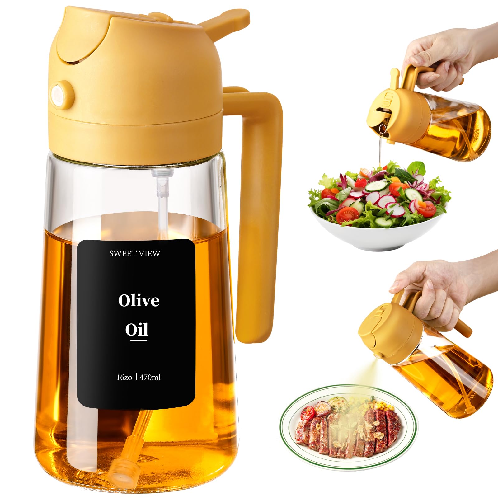 Oil Sprayer for Cooking, 16oz/470ml 2 In 1 Glass Olive Oil Sprayr & pourer for Kitchen, Air Fryer, Cooking, Salad, BBQ (Yellow)