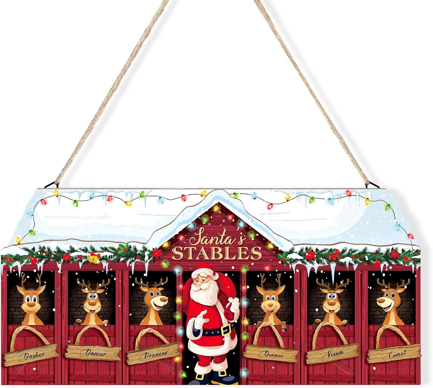 Kathfly Wooden Christmas Decoration Santa Claus Door Hanging Sign 13 x 6.1 Inches Santa Stable Reindeer Wall Signs Wood Hanging Ornament for Front Door Xmas Tree Home Wall Xmas Party Supplies(Vintage)