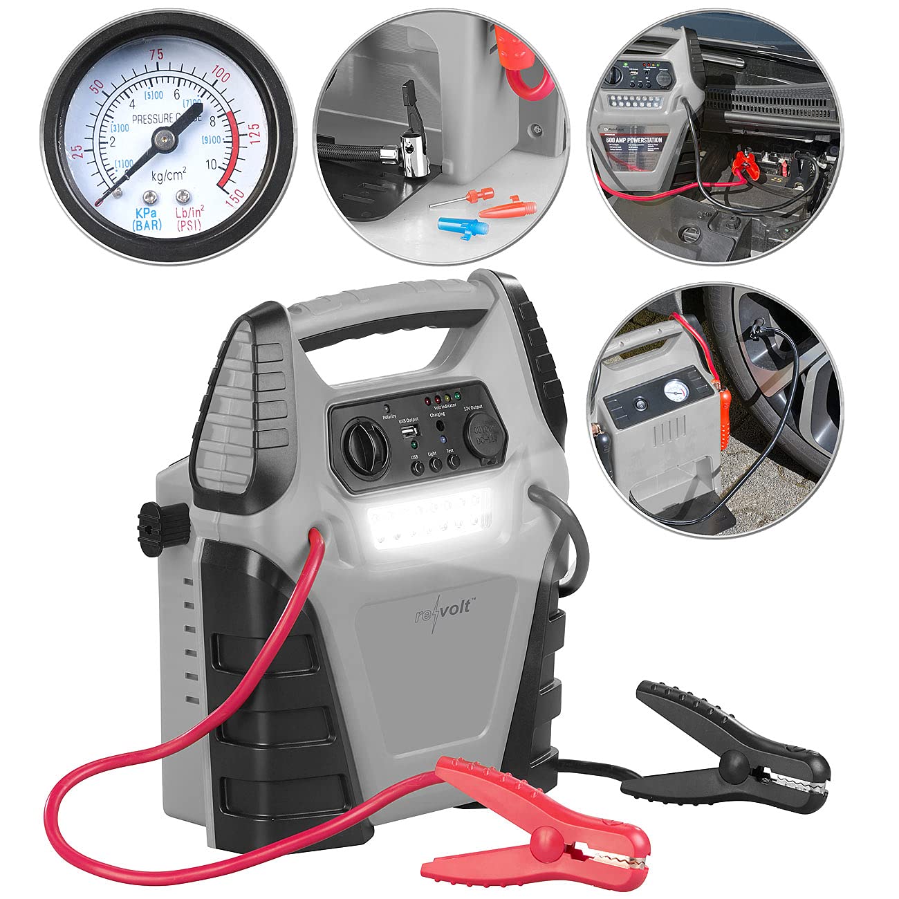 revolt Autostarter: 5in1-Starthilfe-Powerbank, Kompressor, USB, 12V, 20 Ah, 1000A, 150 psi (Auto Starthilfe Powerbank, Auto mit Kompressor)