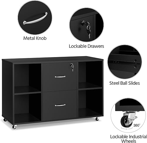 Miniatura 4 de Topeakmart Archivador móvil grande negro con almacenamiento para tamaño carta A4, soporte de impresora para oficina en casa