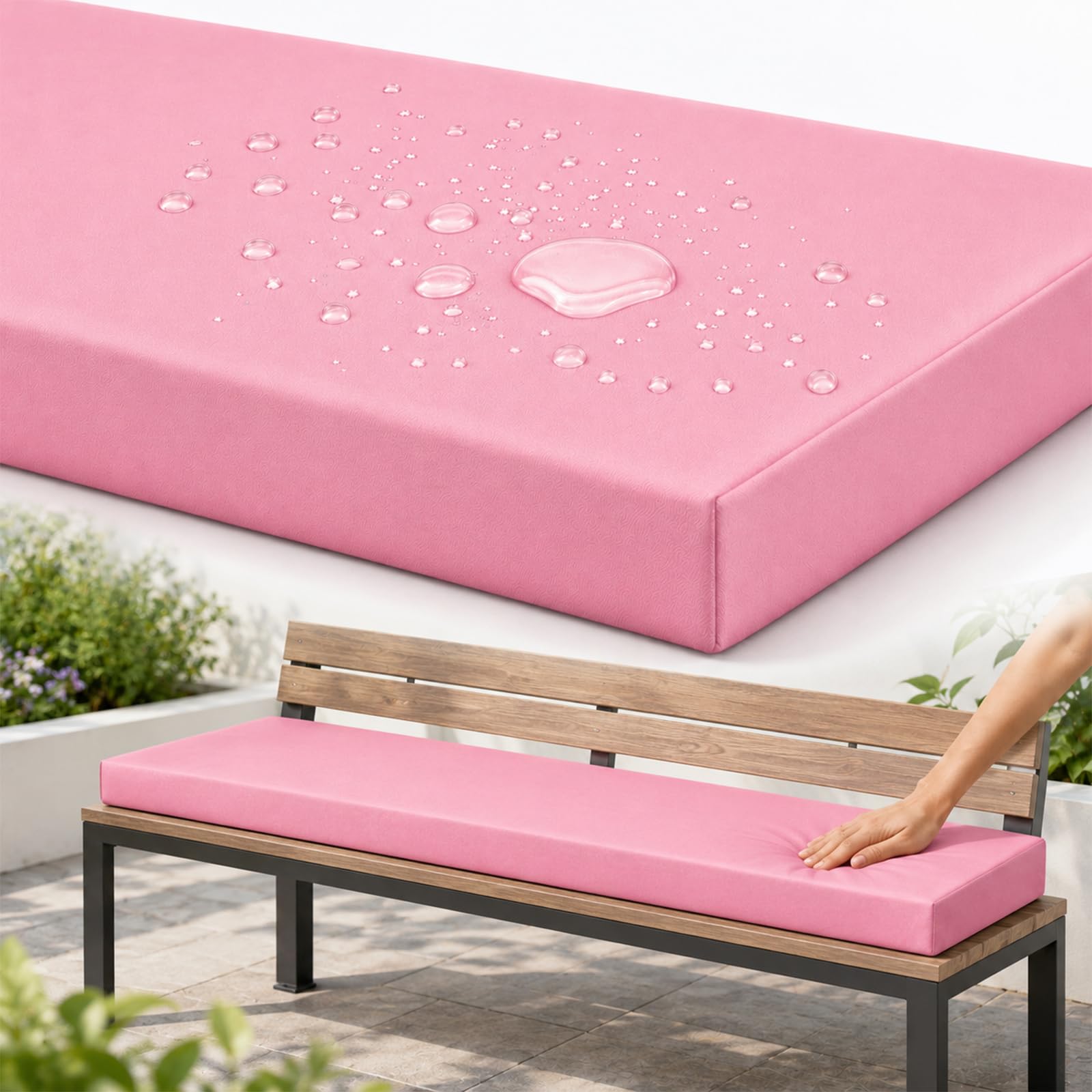 AZMAHT Bench Cushion Outdoor, Garden Bench Cushion with Waterproof Polyester Cover, 50D Foam, Non-Slip Base, 2 Ties, Removable Zip Cover for Patio, Bay Window, Garden Swing,Pink,60x30x5cm