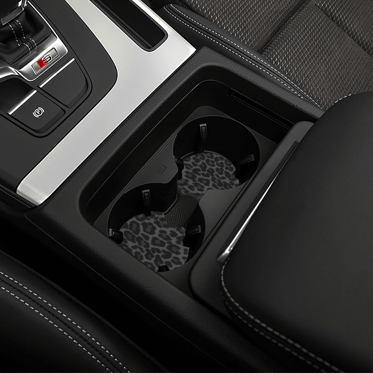 Black Leopard Print Steering Wheel Cover Cheetah Print 2 Car Cup Coasters | Anti-slip Universal Breathable 14 - 15-InFor Women Men Black Animal Steering Wheel Cover For Women