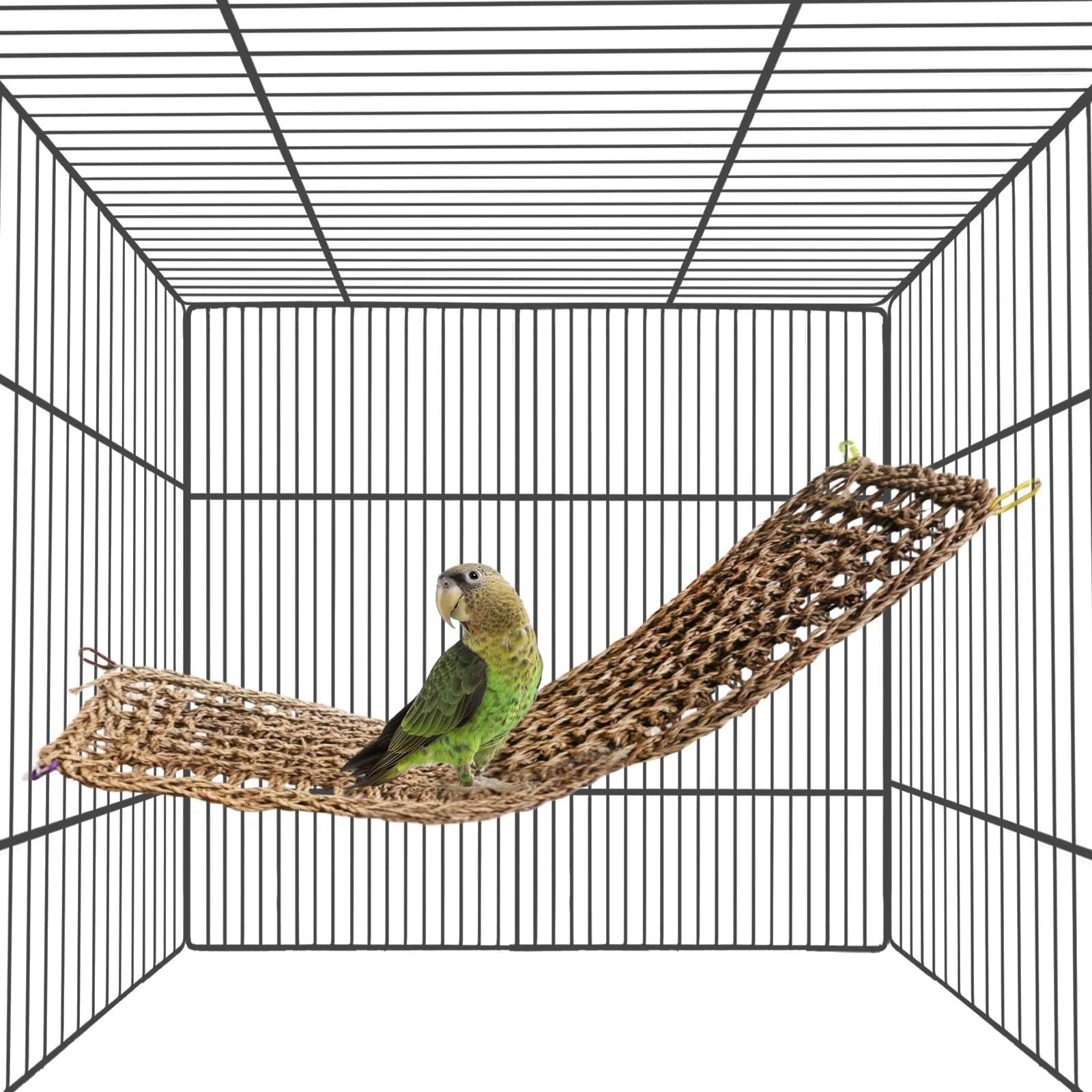 THE WHITE SHOP 28.3In Bird Seagrass Mat,Natural Grass Woven Net Hammock Hanging on Parrot Cage with 4 Hooks,Parakeet Climbing Rope Ladder Chew Toys for Lovebird Conure Budgie,Cockatoo Supplies