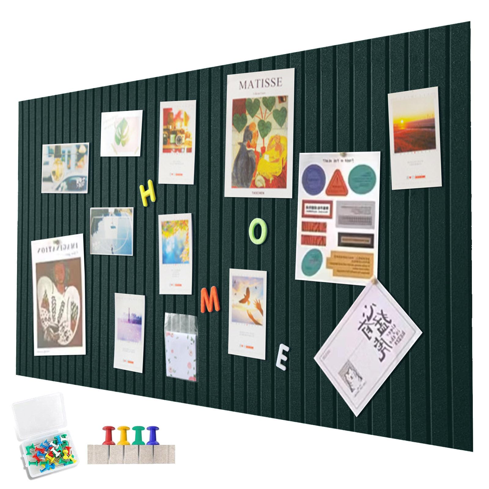 120 x 90 cm large pin board, large cork board, 0.9 cm thick decorative cork wall made of felt, foldable photo board with self-adhesive tape, felt self-adhesive vision board, push pins felt, dark green