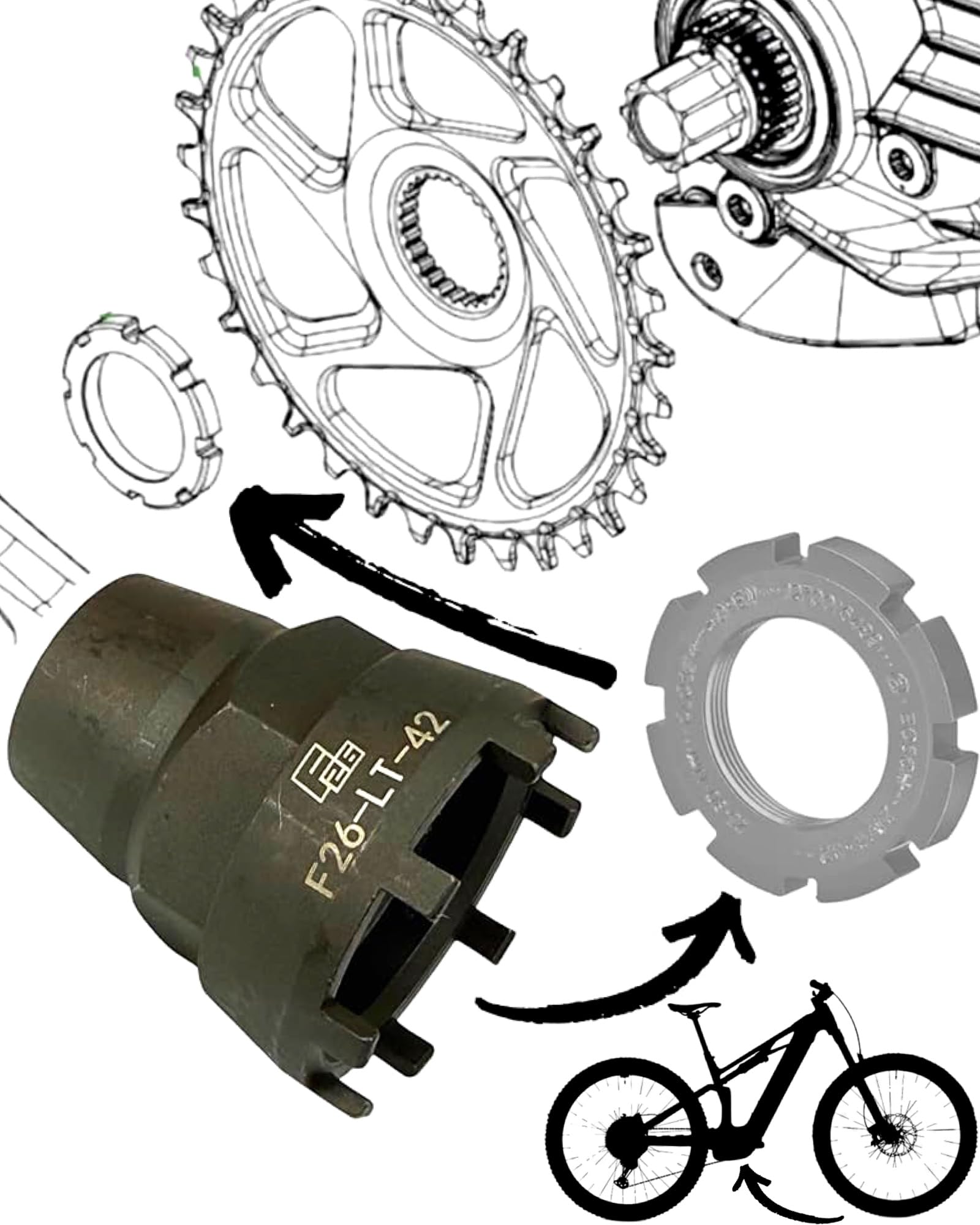 F26 Lockring Tool Ebike Fahrrad Verschlussring Kettenblatt Spider Service Tool Demontage Werkzeug Nuss geeignet für Ebike Brose Motor Drive S/Mag für Bosch Gen3 Gen4 Gen5 Performance CX,Yamaha PW-X