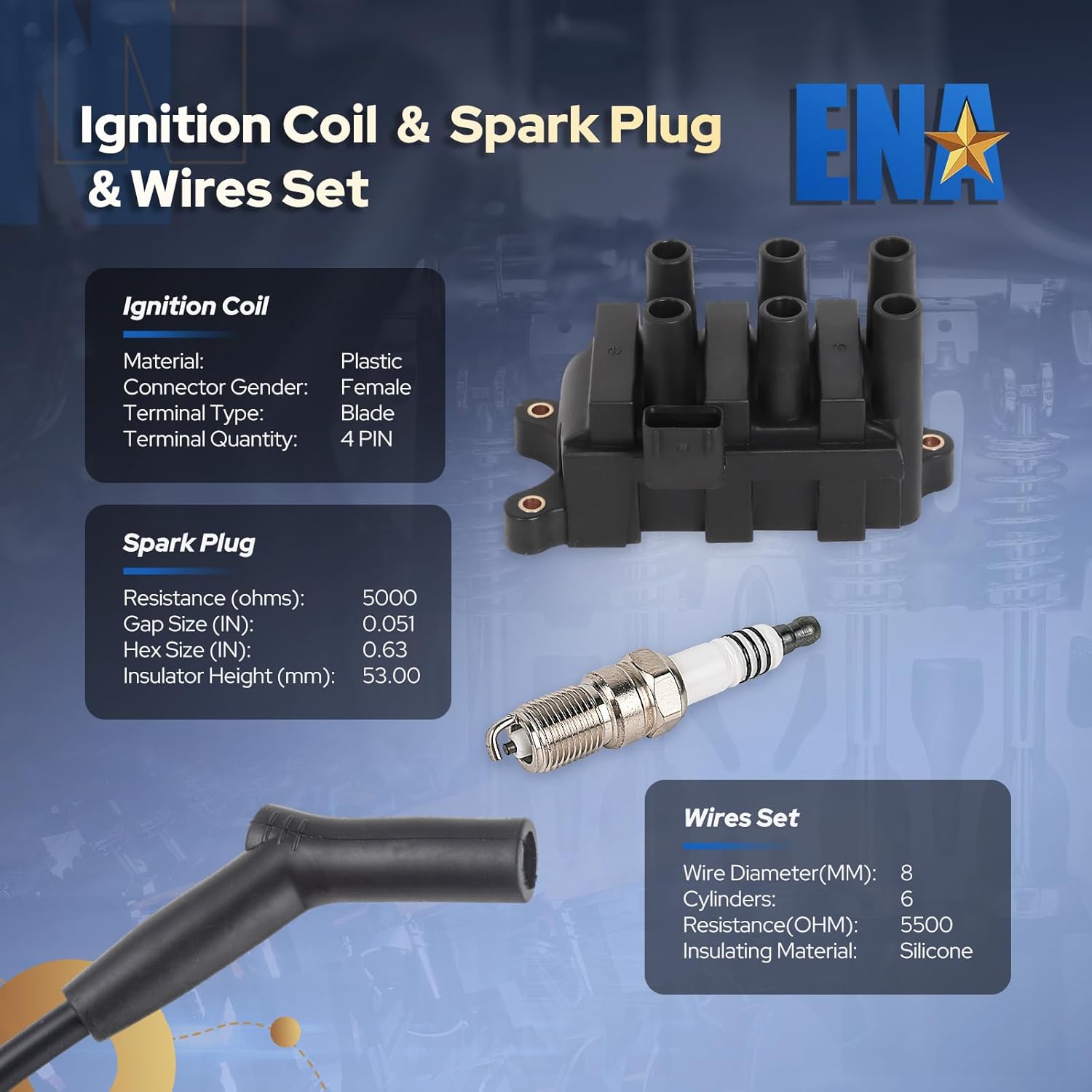 ENA Set of 1 Ignition Coil with 6 Spark Plugs and Wire Set Compatible with Ford 2004 2005 2006 2007 2008 Ranger 3.0L V6 Replacement for FD498 C1312 3354 SP413