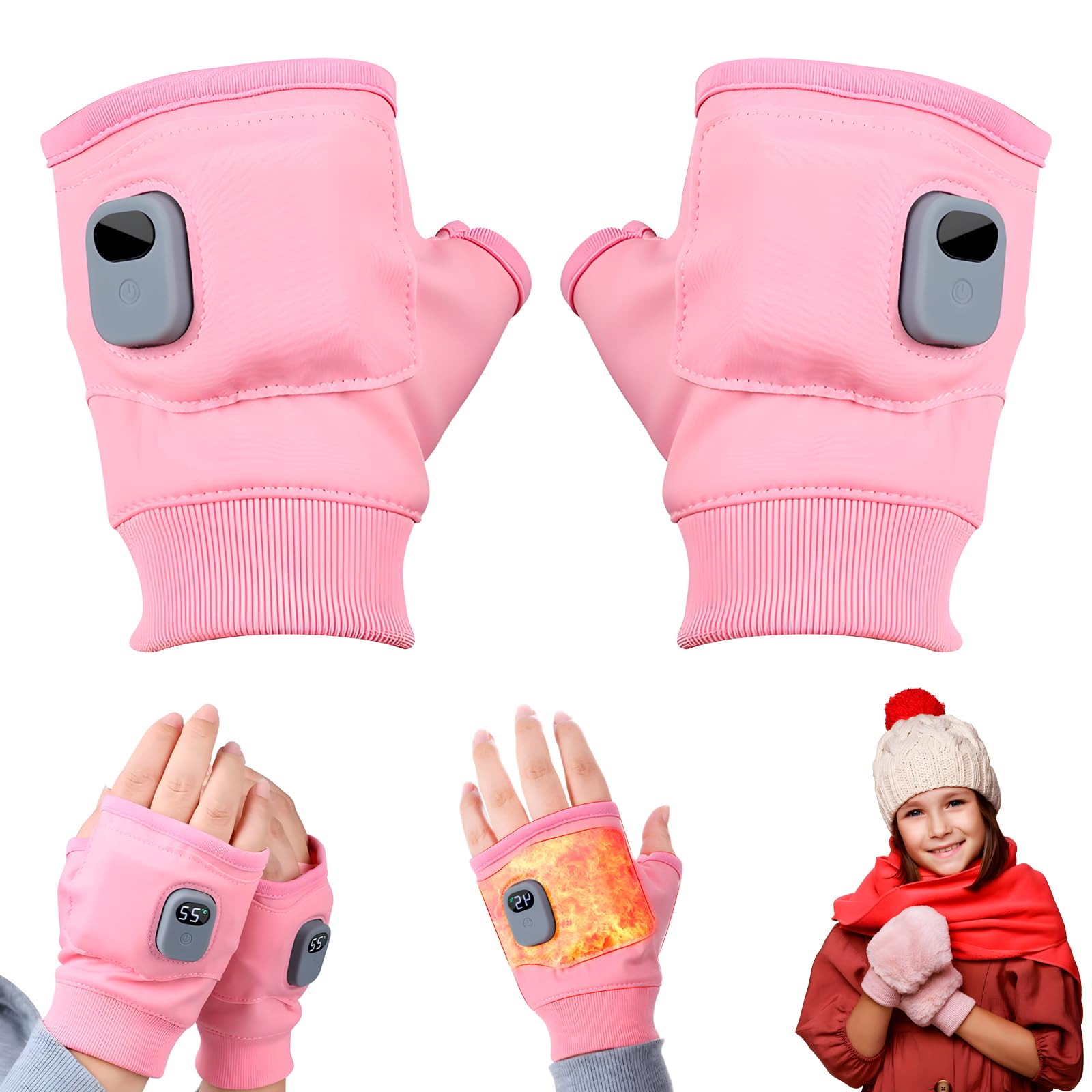 BINGONESmart Thermostatic Heated Fingerless Gloves, Rechargeable Heated Winter Hand Warmer Electric Fingerless Gloves for Women Men