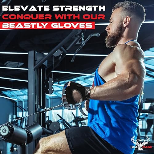 Miniatura 6 de BEAST RAGE Guantes sin dedos para levantamiento de pesas con acolchado de protección en la palma, guantes de gimnasio transpirables y ligeros para