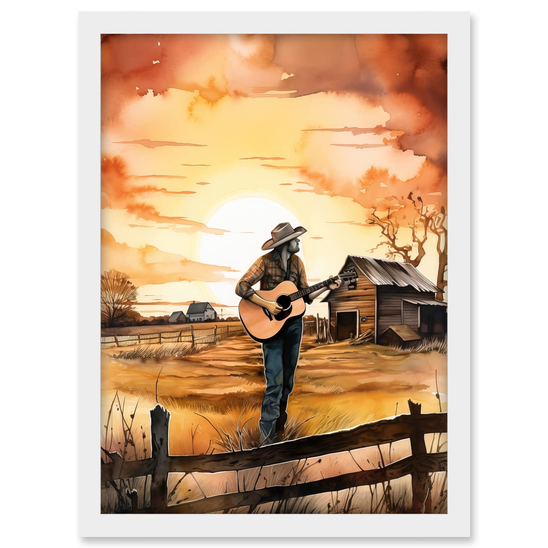 Artery8 Man Playing Country Music Guitar in Countryside Farm on Sunset Modern Watercolour Painting Artwork Framed A3 Wall Art Print