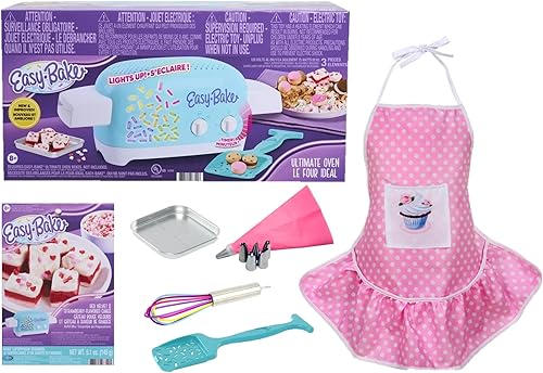 Easy Bake - Juego de regalo para horno  sartén recambio de cupcakes de terciopelo rojo  delantal rosa de tamaño infantil  batidor arcoíris  bolsa de