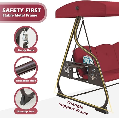 Miniatura 3 de Columpio de 3 asientos para patio, porche, columpio para exteriores de 800 libras con soporte con toldo y respaldo ajustable con almohadas