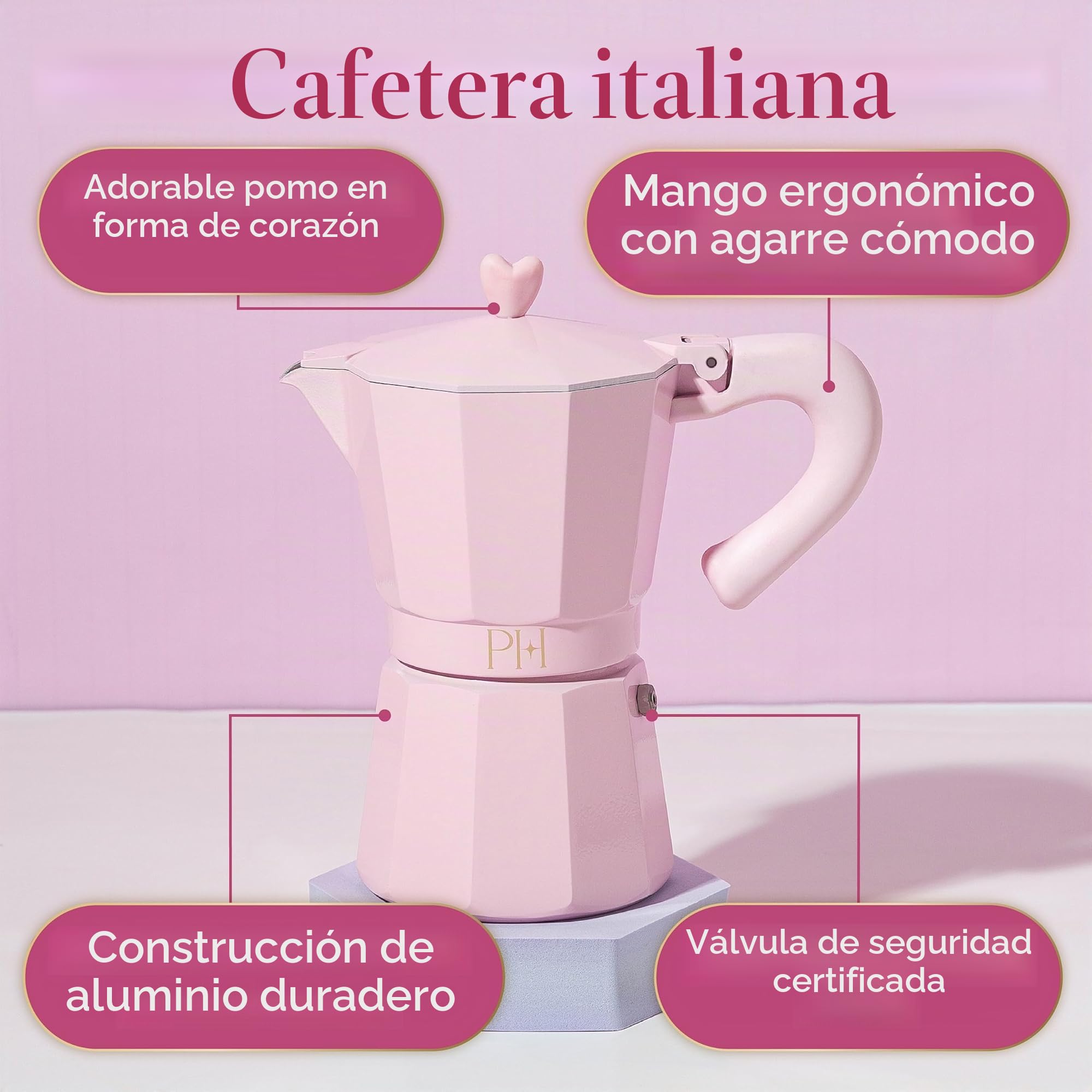Paris Hilton Cafetera espresso y cafetera estilo italiano y cubano con perilla icónica de corazón, perfecta para expreso aromático rico, hace hasta 6 tazas de espresso, color rosa