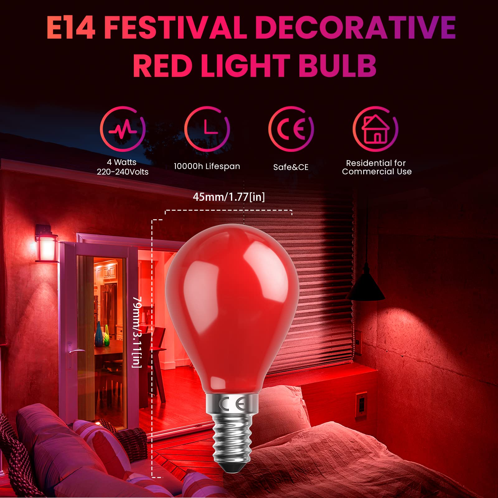 Bonlux Czerwona żarówka LED, E14, 4 W, czerwona żarówka balonowa, pasuje do AC 220-240 V, równa 30 W, czerwone światło, Halloween, Boże Narodzenie, festiwal, czerwone światło, bar/impreza, czerwone