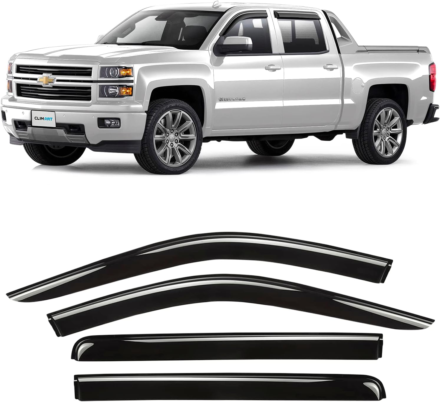 CLIM ART Incredibly Durable Rain Guards for Chevrolet (Chevy) Silverado/GMC Sierra 2014-2018 Crew Cab, Tape-on Window Deflectors, Vent Deflector, Vent Window Visors, Truck Accessories, 4pcs- 414003