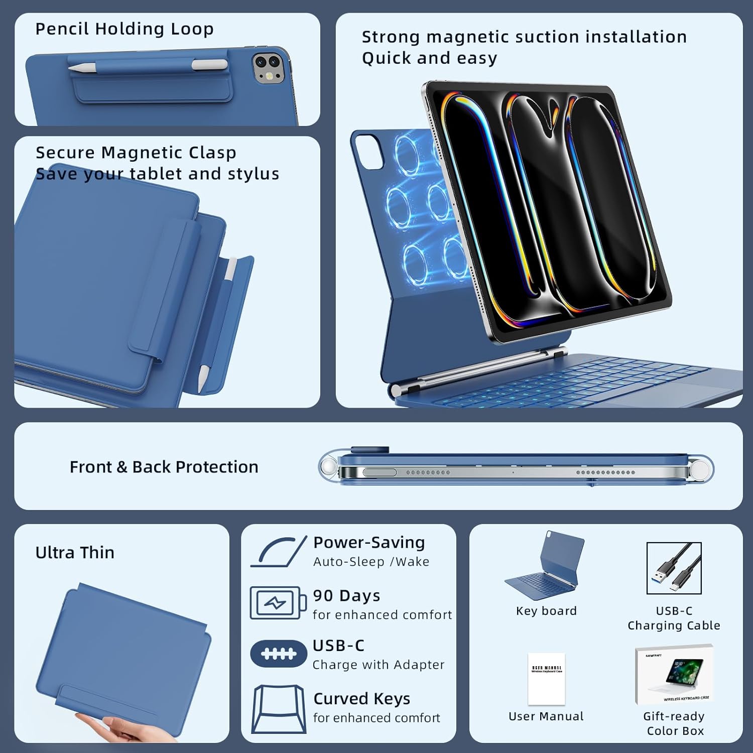 for ipad Pro 13 inch Case with keyboard (M5 2025 / M4 2024), Magic Keyboard with Pencil Buckle, 11 Colors Backlight, Stain-Resistant Surface, Multi-Touch Trackpad, Magnetic Stand, Steel Blue