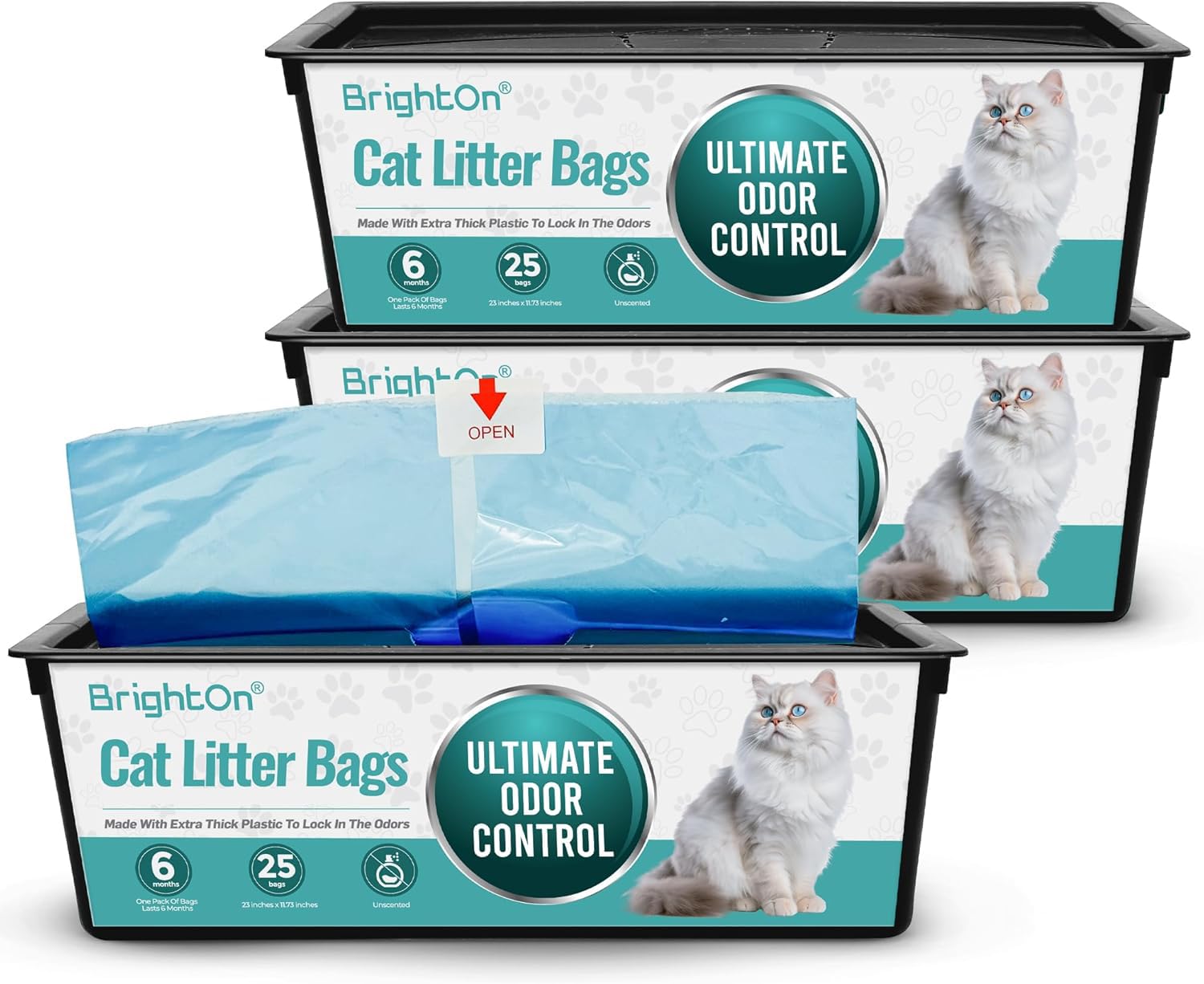 BrightOn Litter Bag Refill Roll for Genie Easy Roll Litter Bin, Ultimate Odor Control,(Unscented) (75 Bags / 3 Dispensers)