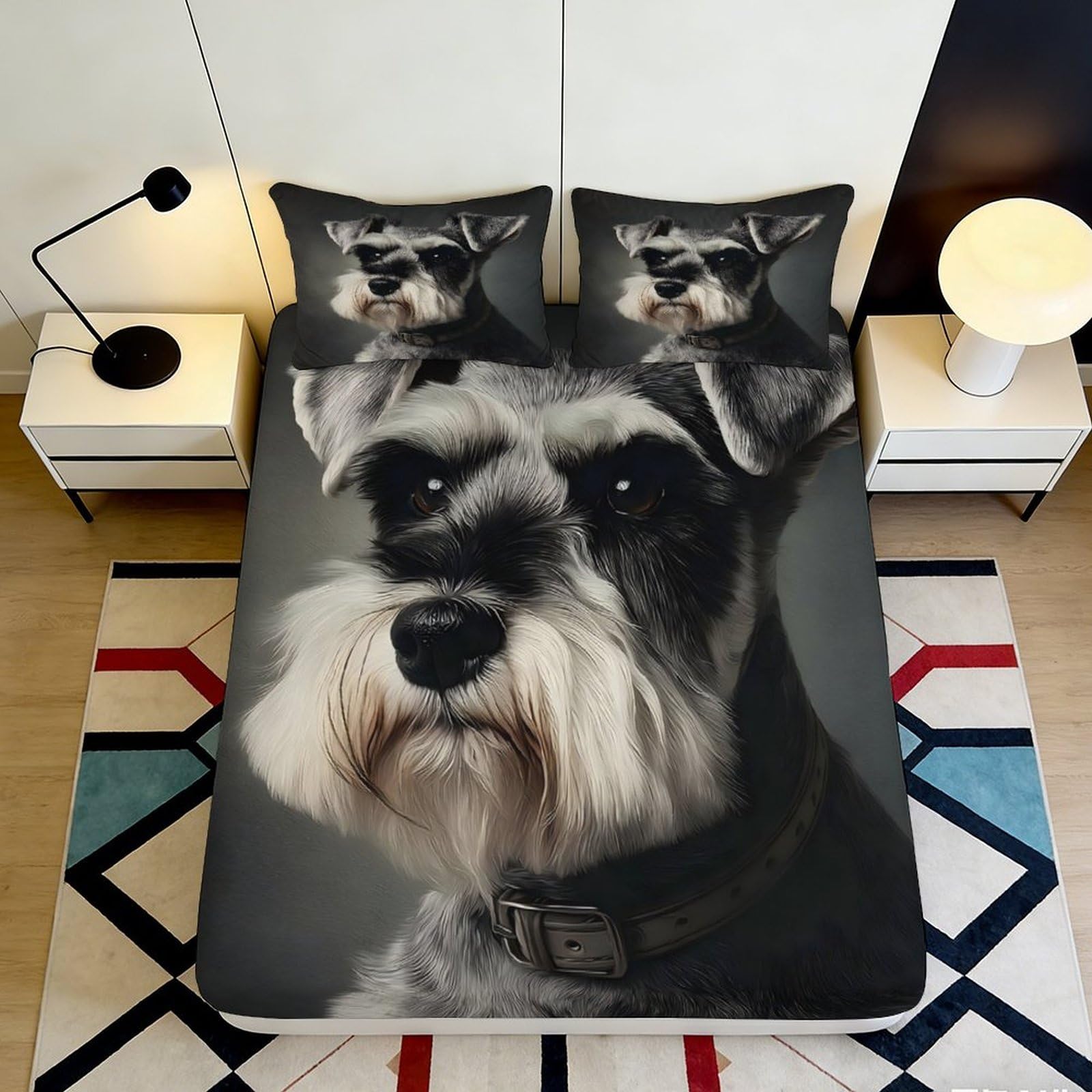 3D Printed Schnauzer Dog Fitted Sheet Microfiber Soft Non-Slip Bed Cover for Bedroom Dorm Mattress Decor 90x200x25cm