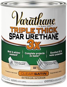 Varathane Triple Thick Satin Spar Urethane | Interior & Exterior Wood Projects, 3X Thicker OneCoat Coverage, UV & Water Protection, Durable Finish, Quart