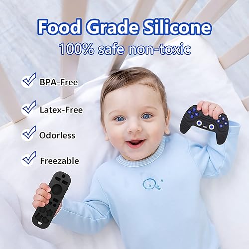 Miniatura 4 de Rquite Paquete de 2 juguetes de dentición para bebés, juguetes mordedores para bebés de 3 a 18 meses, juguetes de control remoto de silicona,