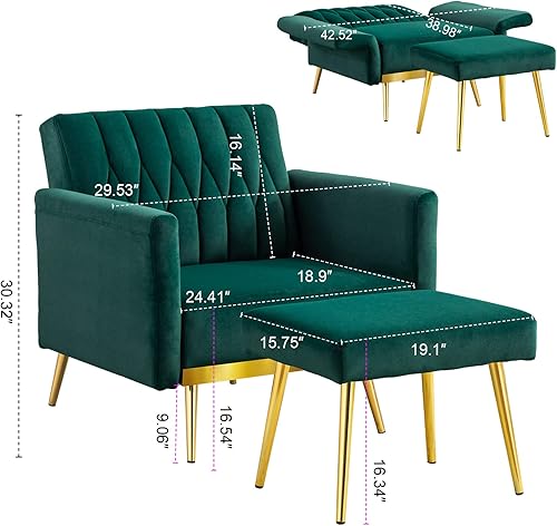 Miniatura 3 de Silla decorativa de terciopelo con otomana, sillón tapizado moderno, cómodo sofá individual con patas de metal dorado y brazos ajustables para sala