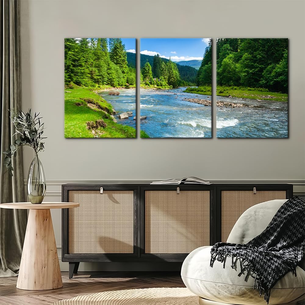 Pacimo Landscape Canvas Wall Art Decor 3 Pieces Mountains Trees River Pictures Painting for Home Decor Framed Gallery Wrapped Posters and Prints for Living Room Bedroom Office - 20"x28"x3 Panels