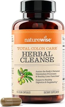 Naturewise Total Colon Care Herbal Cleanse - With Prebiotics, Botanicals, Antioxidants - for Regular Bowel Movement, Digestion, Gut Health - Vegan, Gluten-Free, Non-GMO - 60 Capsules[2-Month Supply]
