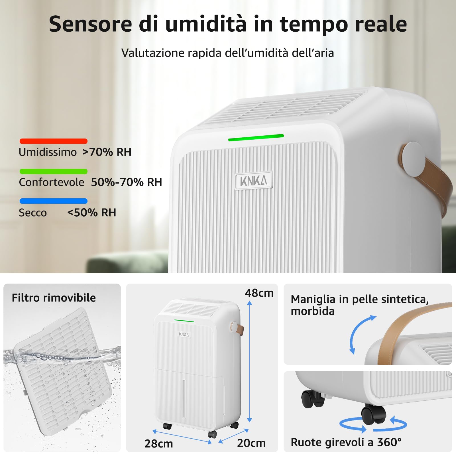 KNKA Deumidificatore, Deumidificatori Casa Muffa, 16L/24H, Serbatoio 3,3L, Basso Rumore, Basso Consumo, Sbrinamento Automatico, Blocco Bambini, Design Anti-Goccia, 4 Modalità, 80m³（32㎡）