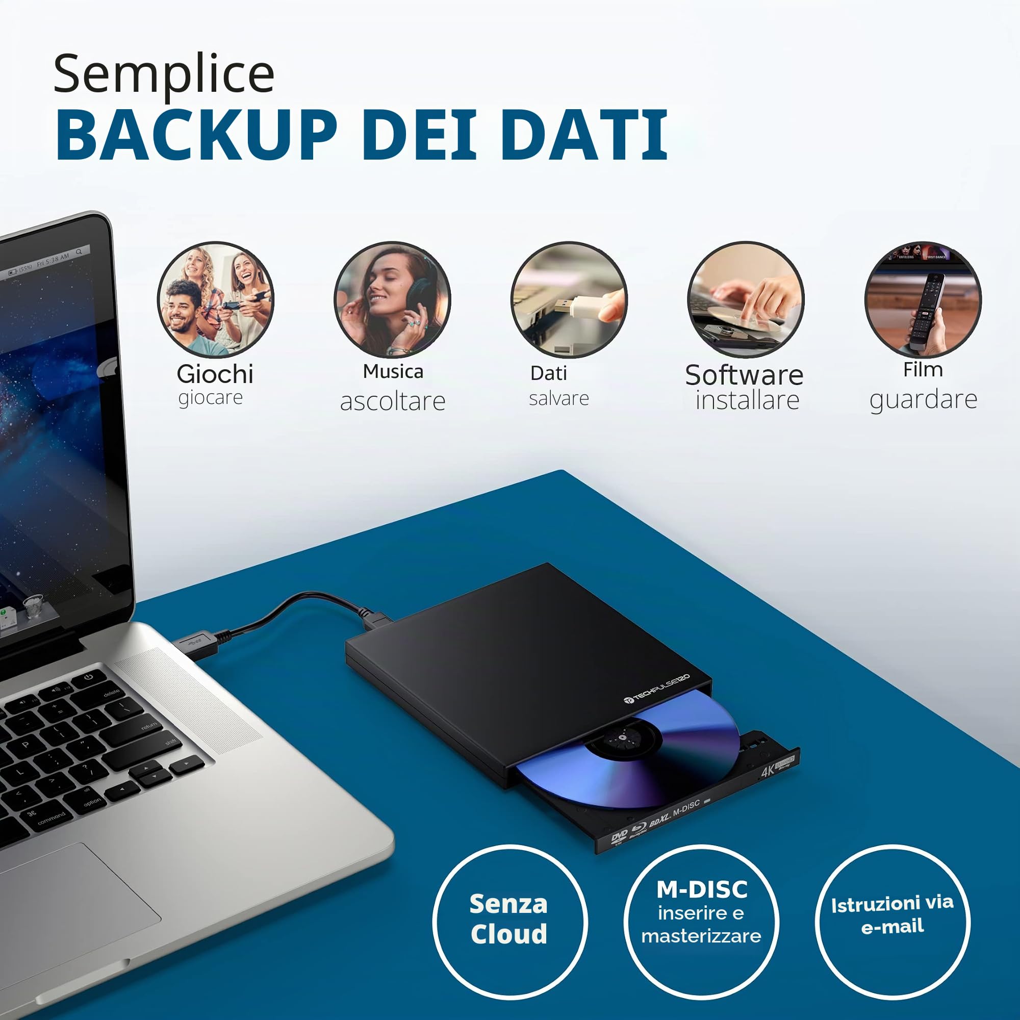 techPulse120 UHD 4k 3D M-Disc BDXL lettore USB 3.0 Blu-ray Burner Superdrive esterno UltraSlim UltraHD Drive BD DVD CD Ultra per Computer Notebook Ultrabook Windows Mac OS Apple iMAC