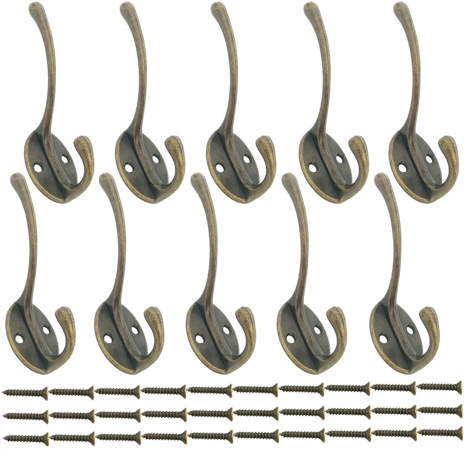 Beilala Bronze 10 Pack Double Coat Hooks For Wall Door With Screws Antique Robe Hook For Hanging Clothes, Hat, Scarf, Bag, Towel, Key, Cup, Cap (Bronze)